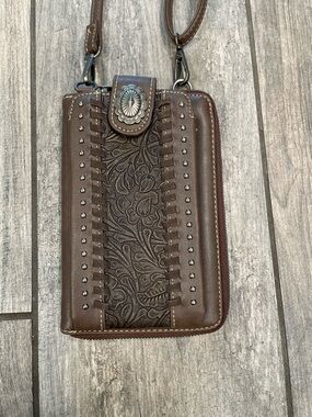 Montana West Brown Tooled Leather Crossbody Wallet with Stud Accents